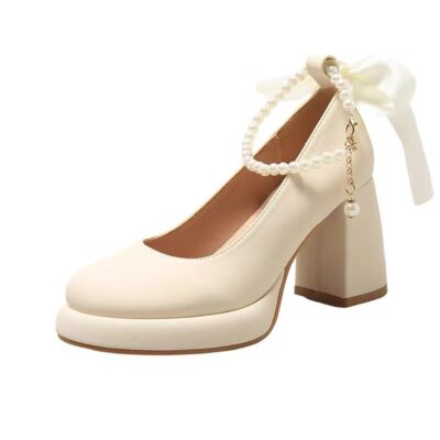 👠 MUSEUM | Sweet Artistic Realm: Pearl Narrative Series Round Toe Platform Chunky Heel Shoes