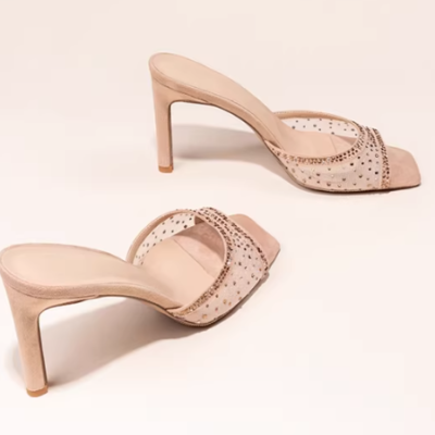 👜 MUSEUM | Women's Summer Slip-On Sandals, Square-Toe High Heels, Thin-Heeled, Rhinestone Strap, French Style, Elegant With Skirts, Nude