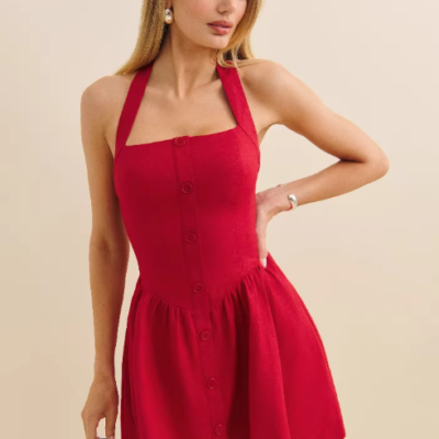 👜 MUSEUM | Halter Neck Striped Cotton Linen Short Dress with Waist, A-Line Skirt for Women