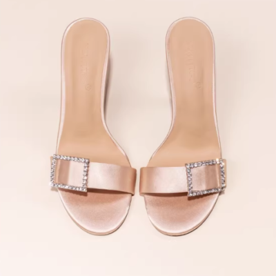👜 MUSEUM | Slippers For Women Summer Outdoor New High-Heeled Shoes Thin Heel Rhinestone Square Buckle High-End Feeling One-Strap Nude