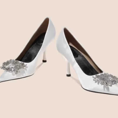 👜 MUSEUM | New High-Heeled Shoes With Thin Heels, Pointed Toes, Rhinestones, French-Style Elegant Women's Flats, White Wedding Shoes