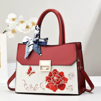 👜 MUSEUM | Artistic Red Makeup: Floral and Shadowy Series Embroidered Color-Blocked Handbag